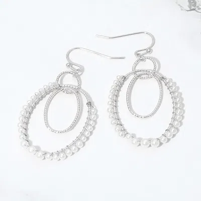 Fashnzfab Pearl Beaded Rim Geometric Oval Link Drop Earrings In Metallic