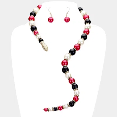 Fashnzfab Pearl Beaded Snake Open Necklace In Red