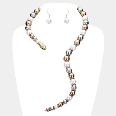 Fashnzfab Pearl Beaded Snake Open Necklace In Silver