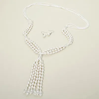 Fashnzfab Pearl Beaded Tassel Long Necklace In Metallic