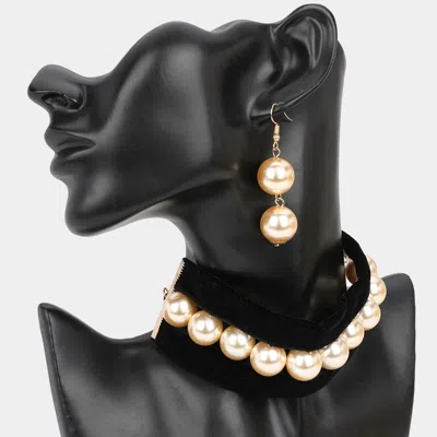Fashnzfab Pearl Beaded Velvet Choker Necklace In Gold