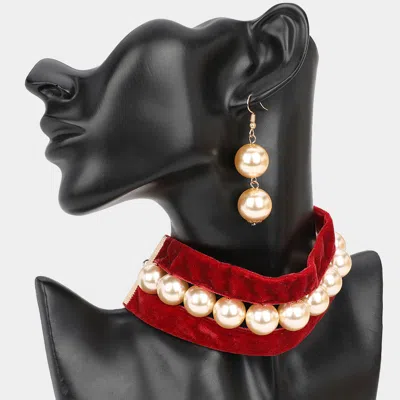 Fashnzfab Pearl Beaded Velvet Choker Necklace In Red