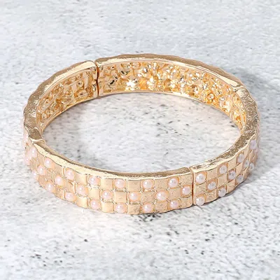 Fashnzfab Pearl Beads Paved Stretch Bracelet Cream In Gold