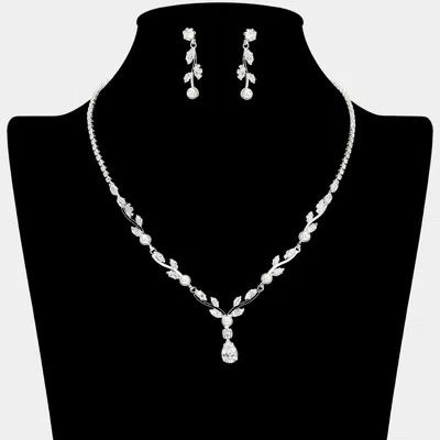 Fashnzfab Pearl Bezel Marquise Cz Stone Cluster Link Vine Necklace In Multi