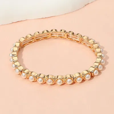 Fashnzfab Pearl Bezel Stretch Bracelet Cream, Gold In Multi