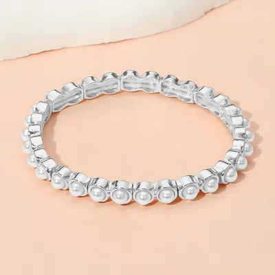 Fashnzfab Pearl Bezel Stretch Bracelet Silver, White In Metallic