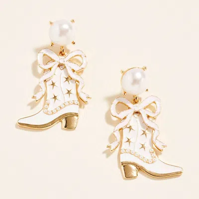 Fashnzfab Pearl Bow Accent Bride Cowboy Boot Drop Dangle Earrings In Gold