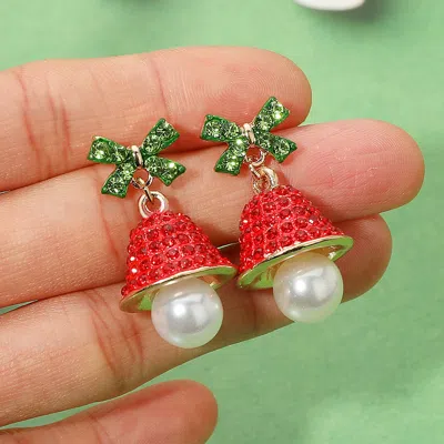 Fashnzfab Pearl Bow Accent Rhinestone Studded Holiday Bell Dangle Earrings - Gold In Red