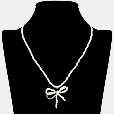 Fashnzfab Pearl Bow Pendant Necklace In White