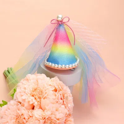 Fashnzfab Pearl Bow Pointed Ombre Tulle Birthday Hat Hair Clip In Multi