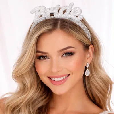 Fashnzfab Pearl Bride Accent Bling Studded Headband In Silver