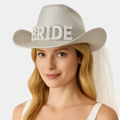 Fashnzfab Pearl Bride Lettering Accent Bridal Cowboy Veil Hat In White