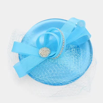 Fashnzfab Pearl Brooch Pointed Mesh Bow Fascinator / Headband In Blue