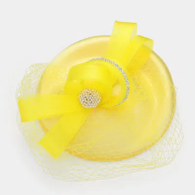 Fashnzfab Pearl Brooch Pointed Mesh Bow Fascinator / Headband In Yellow
