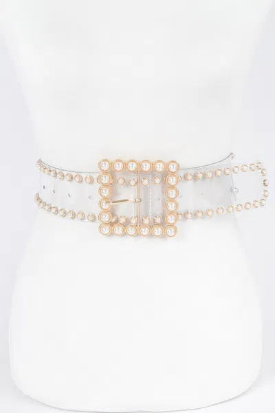 Fashnzfab Pearl Buckle Clear Belt W/stones In White