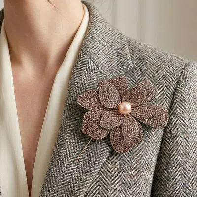 Fashnzfab Pearl Center Bling Studded Floral Statement Brooch Hair Clip In Brown