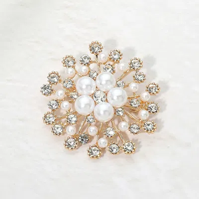 Fashnzfab Pearl Center Crystal Embellished Floral Pin Brooch In Gold