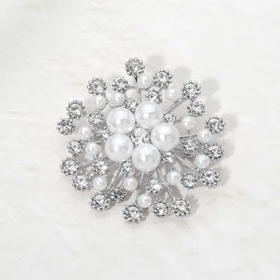 Fashnzfab Pearl Center Crystal Embellished Floral Pin Brooch In Metallic