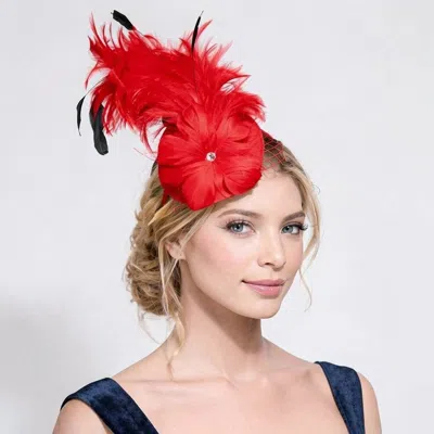 Fashnzfab Pearl Center Floral Feather Accent Elegant Headpiece Fascinator Hair Clip In Red