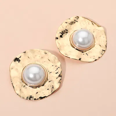 Fashnzfab Pearl Center Hammered Disc Earrings Cream, Gold