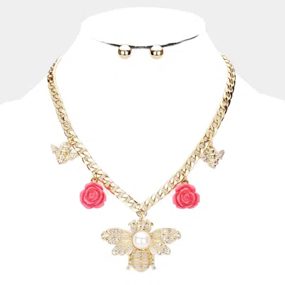 Fashnzfab Pearl Center Honey Bee Flower Pendant Necklace In Gold