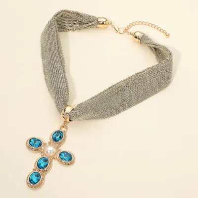 Fashnzfab Pearl Center Oval Stone Embellished Cross Pendant Accent Mesh Chain Statement Necklace In Blue