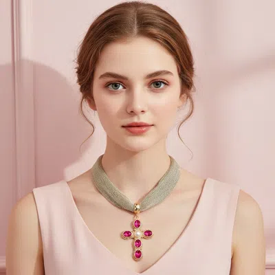 Fashnzfab Pearl Center Oval Stone Embellished Cross Pendant Accent Mesh Chain Statement Necklace In Pink