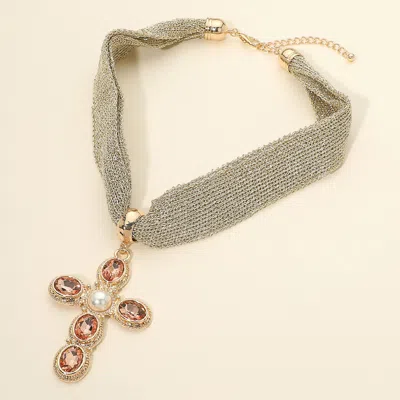 Fashnzfab Pearl Center Oval Stone Embellished Cross Pendant Accent Mesh Chain Statement Necklace In Silver