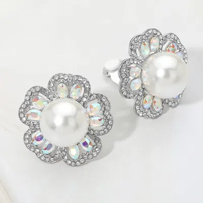 Fashnzfab Pearl Center Rhinestone Embellished Floral Clip On Earrings In Silver
