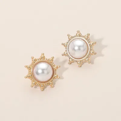 Fashnzfab Pearl Center Sunburst Stud Earrings In Gold