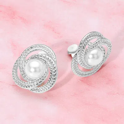 Fashnzfab Pearl Center Textured Metal Knot Frame Clip On Earrings In Silver