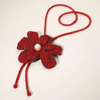 Fashnzfab Pearl Centered Bling Studded Flower Pointed Bolo Tie Necklace In Red