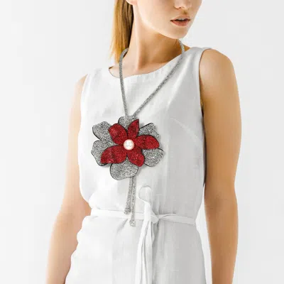 Fashnzfab Pearl Centered Bling Studded Flower Pointed Bolo Tie Necklace In White