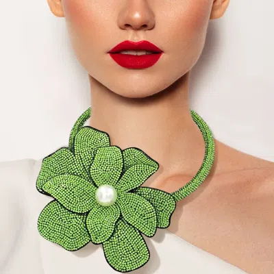 Fashnzfab Pearl Centered Bling Studded Oversized Flower Pointed Necklace - Lime In Green