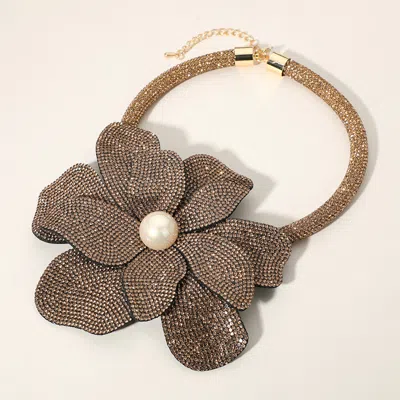 Fashnzfab Pearl Centered Bling Studded Oversized Flower Pointed Necklace - Lt Col Topaz In Multi