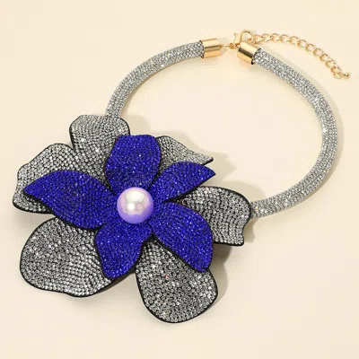 Fashnzfab Pearl Centered Bling Studded Oversized Flower Pointed Necklace In Blue