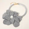 Fashnzfab Pearl Centered Bling Studded Oversized Flower Pointed Necklace In Gray