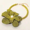 Fashnzfab Pearl Centered Bling Studded Oversized Flower Pointed Necklace In Green