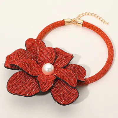 Fashnzfab Pearl Centered Bling Studded Oversized Flower Pointed Necklace In Orange