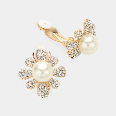 Fashnzfab Pearl Centered Crystal Floral Clip On Earrings In Silver