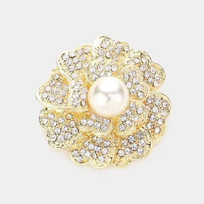 Fashnzfab Pearl Centered Crystal Pave Flower Pin Brooch In Gold