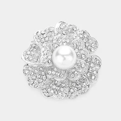 Fashnzfab Pearl Centered Crystal Pave Flower Pin Brooch In Metallic