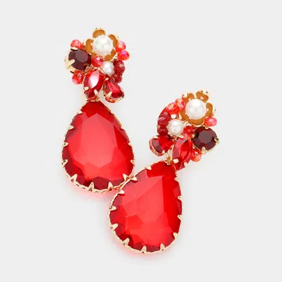 Fashnzfab Pearl Centered Flower Teardrop Stone Link Dangle Earrings In Red