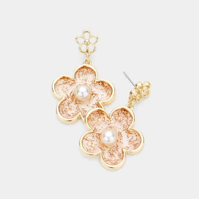 Fashnzfab Pearl Centered Glitter Clear Lucite Flower Dangle Earrings - Gold