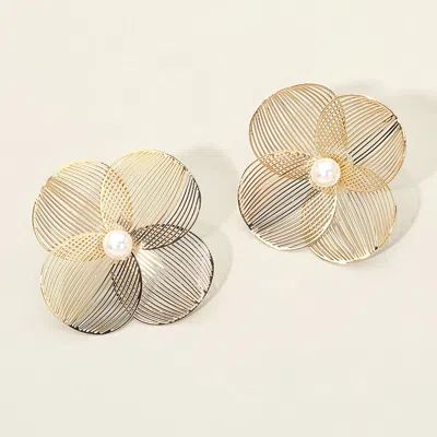 Fashnzfab Pearl Centered Metal Cutout Petal Floral Earrings In Gold