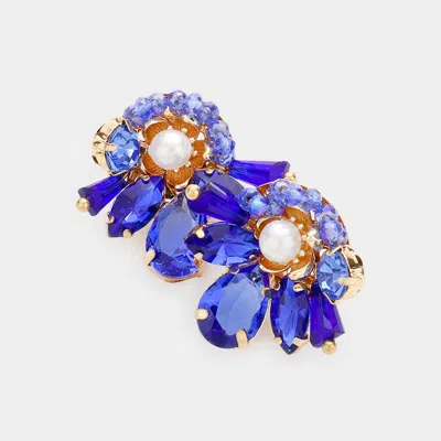 Fashnzfab Pearl Centered Multi Stone Bead Cluster Stud Earrings - Blue