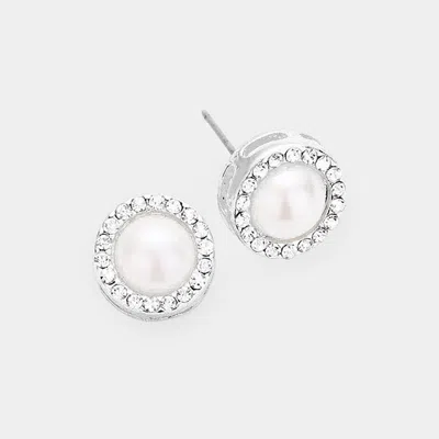 Fashnzfab Pearl Centered Pave Trimmed Rhinestone Stud Earrings In Metallic