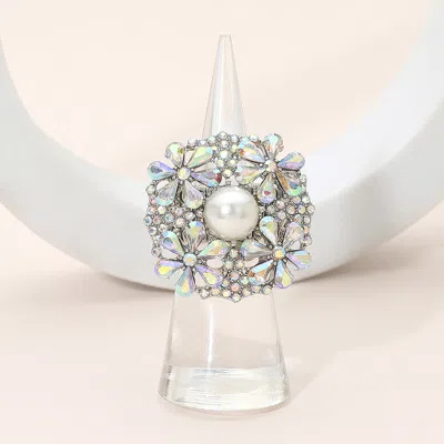 Fashnzfab Pearl Centered Rhinestone Embellished Blossom Stretch Statement Ring In Multi