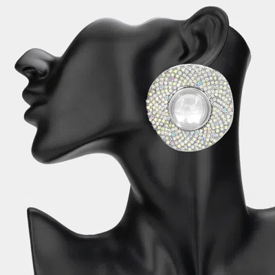 Fashnzfab Pearl Centered Rhinestone Embellished Earrings - Ab, Rhodium In Metallic
