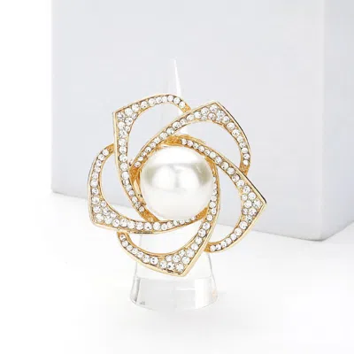 Fashnzfab Pearl Centered Rhinestone Flower Stretch Ring In Gold